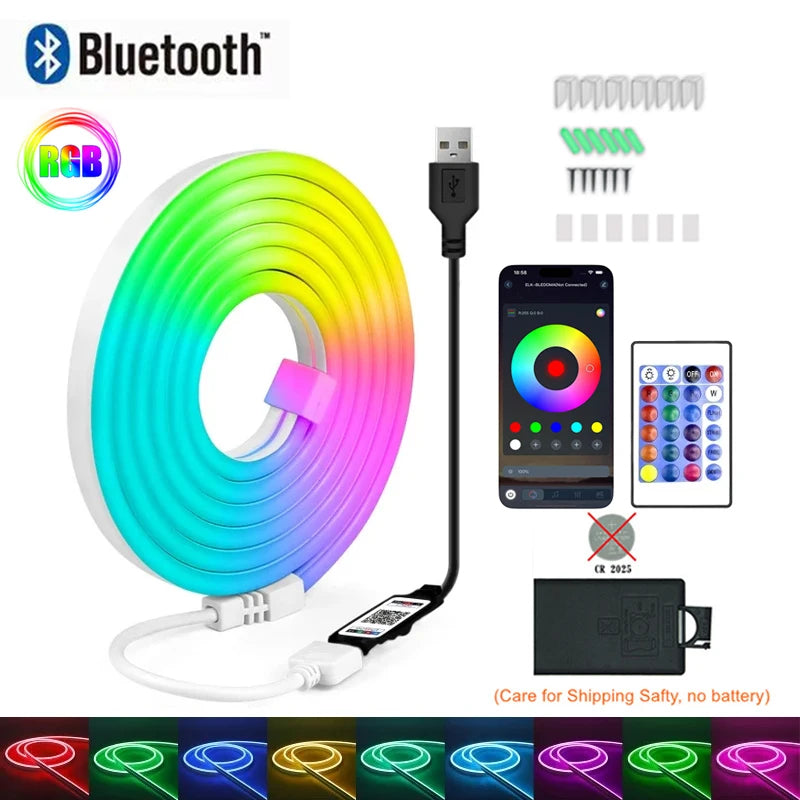 RGBIC Neon LED Strip – Flexible USB/BT Control, 3M/5M Multi-Color Light Decoration