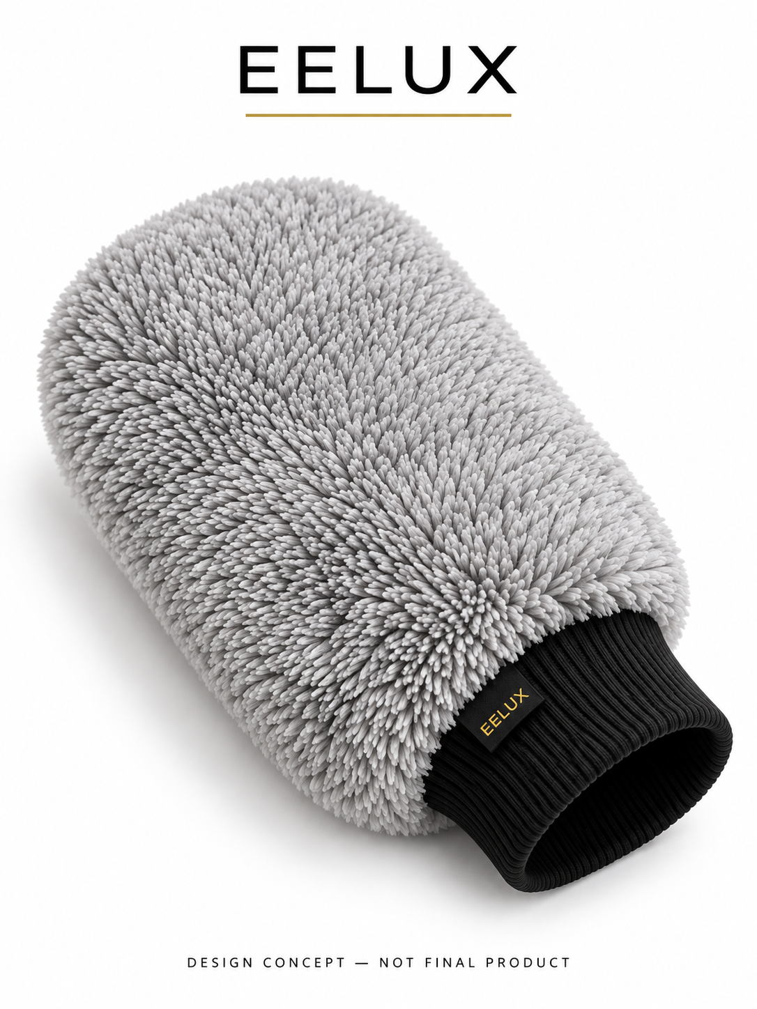 EELUX proposed microfibre wash mitt, wrist opening. Design concept, not a final manufactured product.