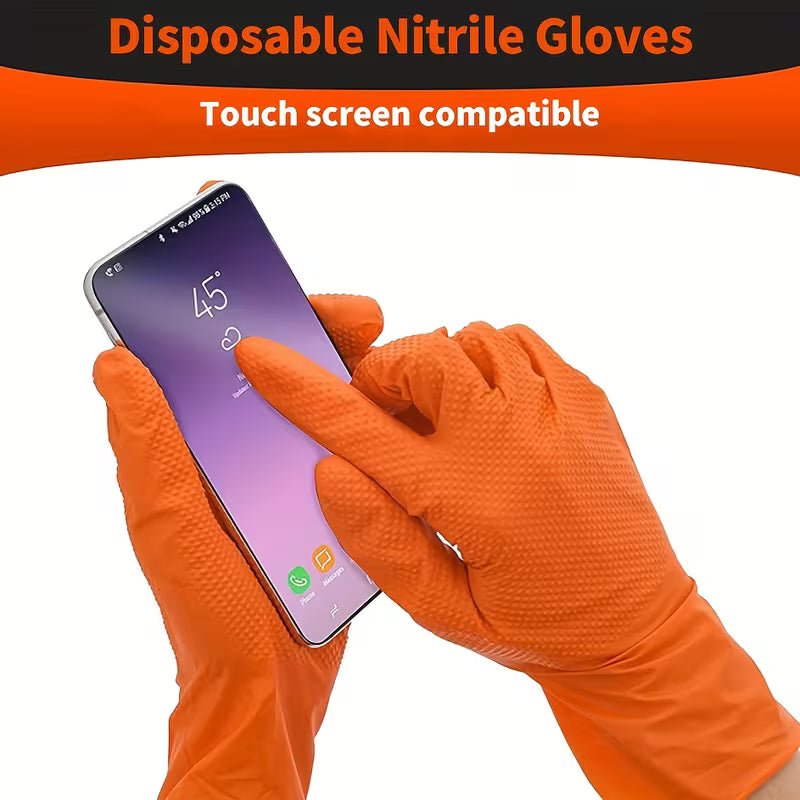 100pcs Orange Diamond Textured Nitrile Gloves