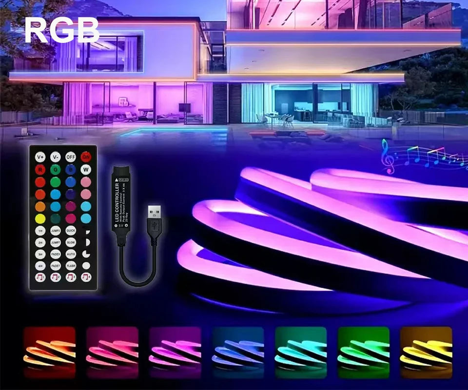 RGBIC Neon LED Strip – Flexible USB/BT Control, 3M/5M Multi-Color Light Decoration