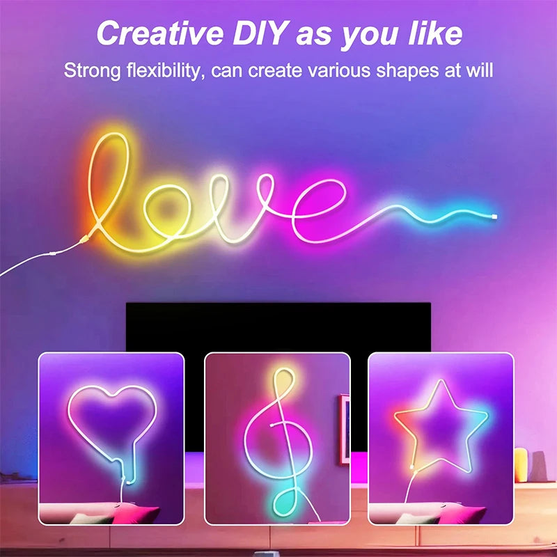 RGBIC Neon LED Strip – Flexible USB/BT Control, 3M/5M Multi-Color Light Decoration