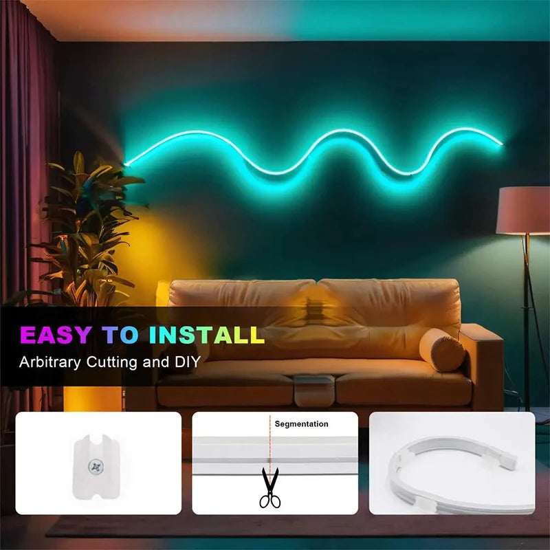 RGBIC Neon LED Strip – Flexible USB/BT Control, 3M/5M Multi-Color Light Decoration
