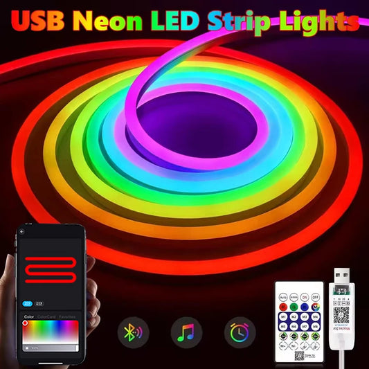 RGBIC Neon LED Strip – Flexible USB/BT Control, 3M/5M Multi-Color Light Decoration