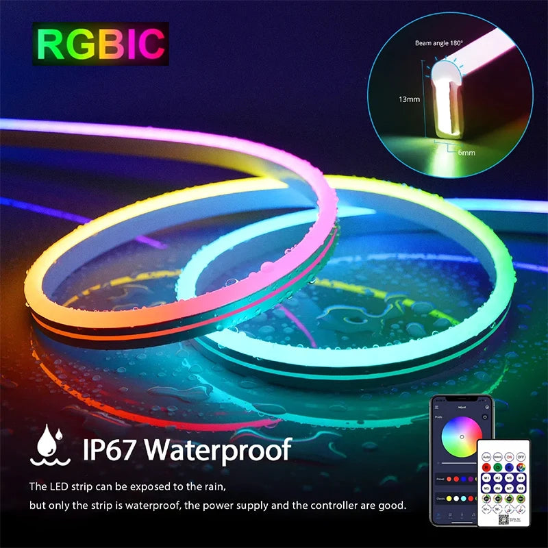 RGBIC Neon LED Strip – Flexible USB/BT Control, 3M/5M Multi-Color Light Decoration