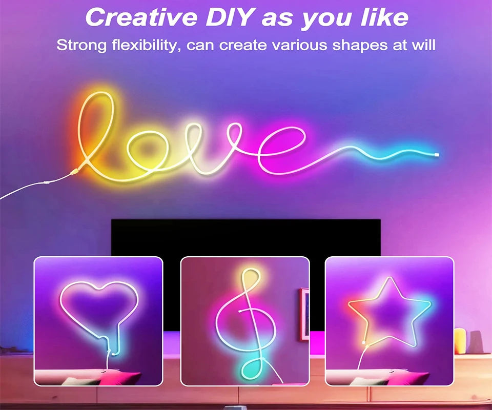 RGBIC Neon LED Strip – Flexible USB/BT Control, 3M/5M Multi-Color Light Decoration