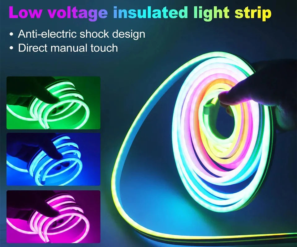 RGBIC Neon LED Strip – Flexible USB/BT Control, 3M/5M Multi-Color Light Decoration