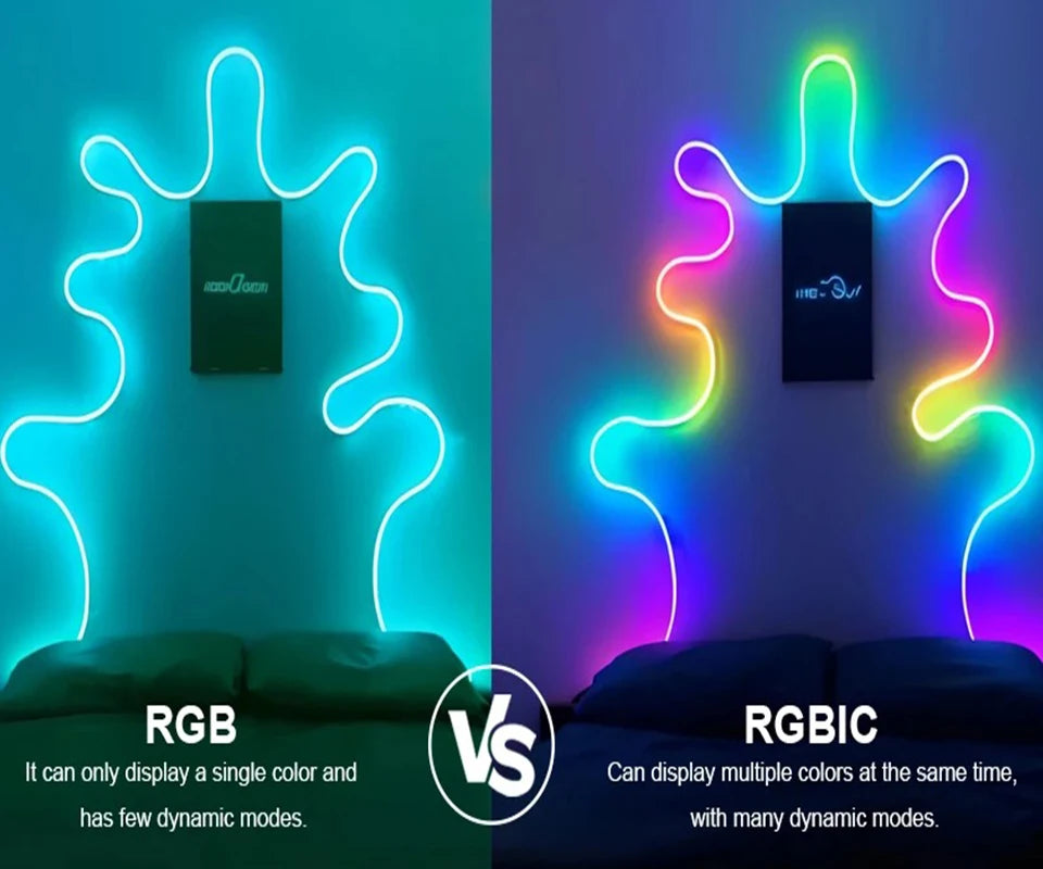 RGBIC Neon LED Strip – Flexible USB/BT Control, 3M/5M Multi-Color Light Decoration