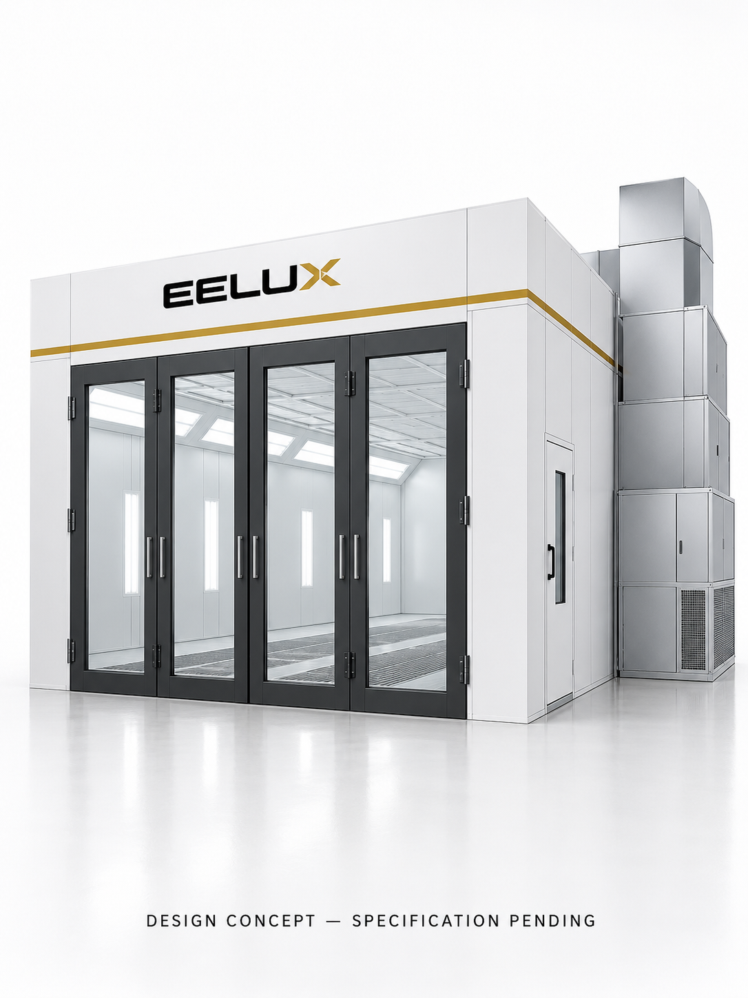 EELUX automotive spray booth design proposal 1. AI-generated concept; final equipment appearance and specification unconfirmed.
