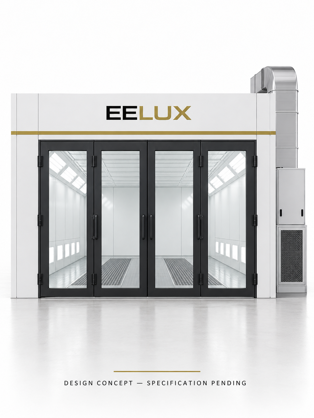 EELUX automotive spray booth design proposal 2. AI-generated concept; final equipment appearance and specification unconfirmed.