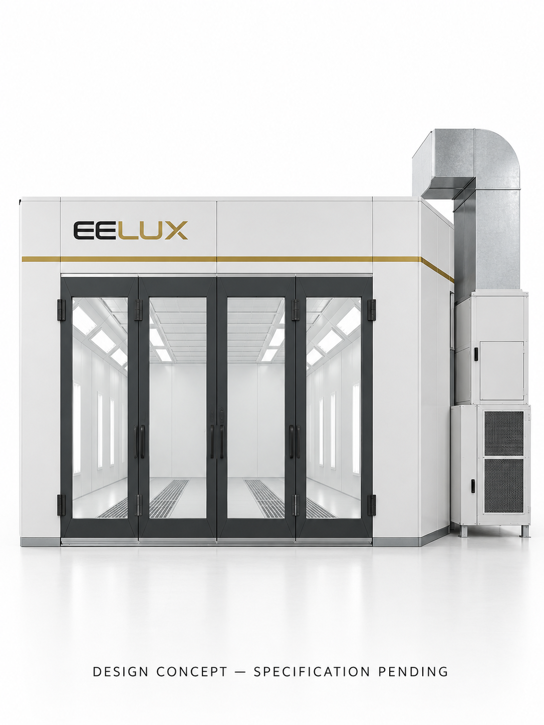 EELUX automotive spray booth design proposal 3. AI-generated concept; final equipment appearance and specification unconfirmed.