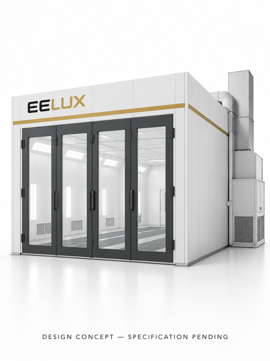 EELUX automotive spray booth design proposal 4. AI-generated concept; final equipment appearance and specification unconfirmed.