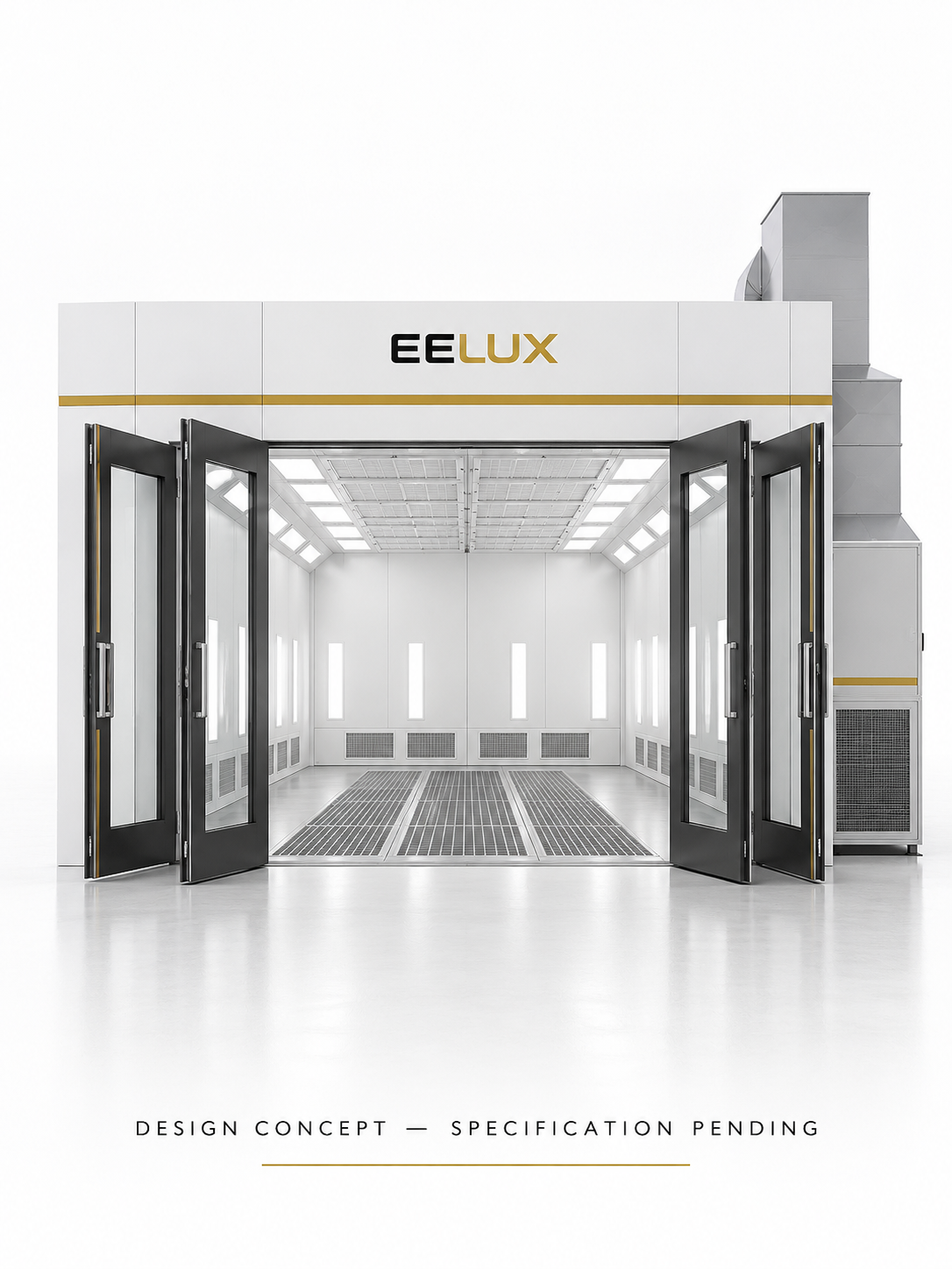 EELUX automotive spray booth design proposal 5. AI-generated concept; final equipment appearance and specification unconfirmed.
