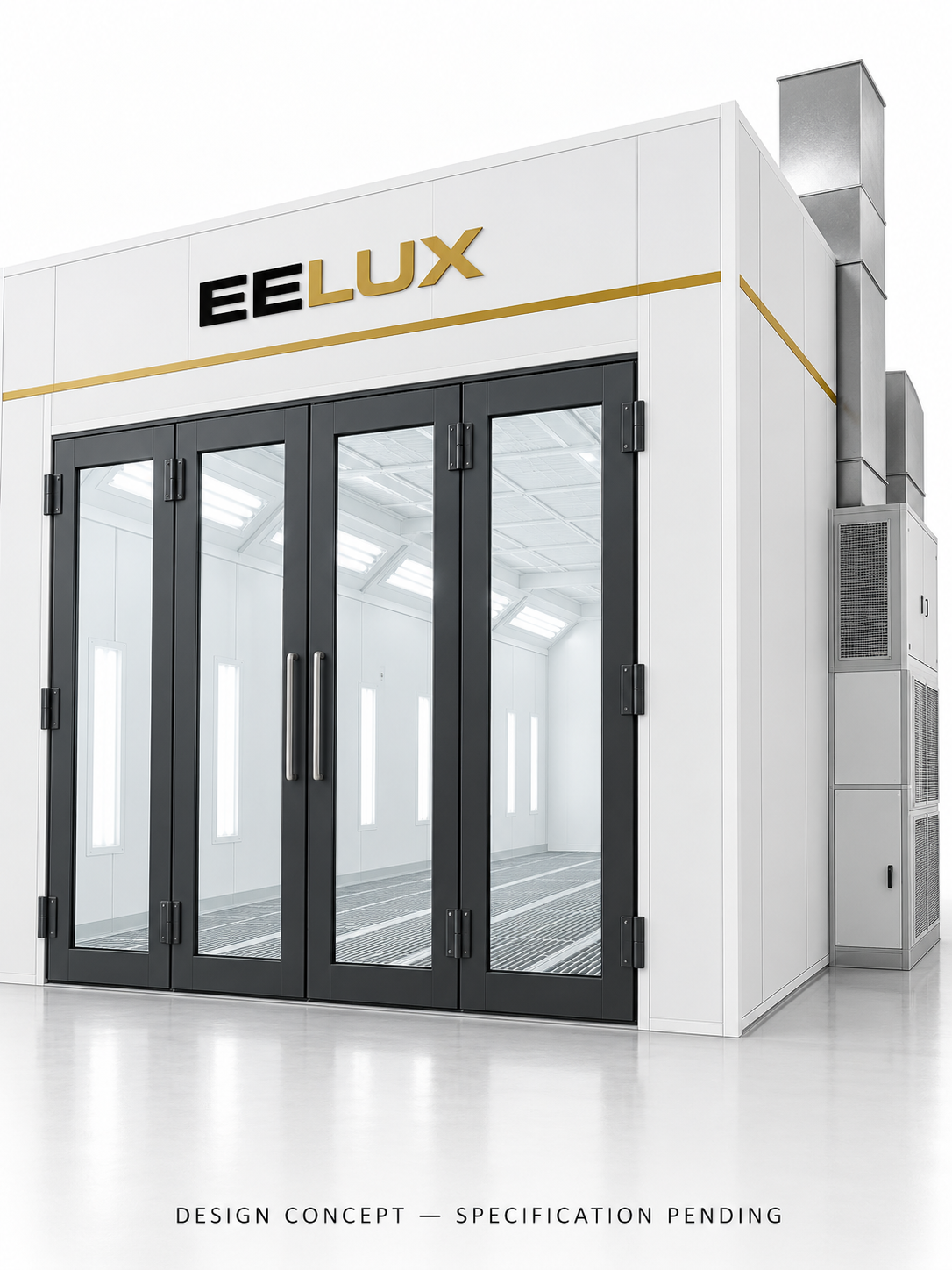 EELUX automotive spray booth design proposal 6. AI-generated concept; final equipment appearance and specification unconfirmed.
