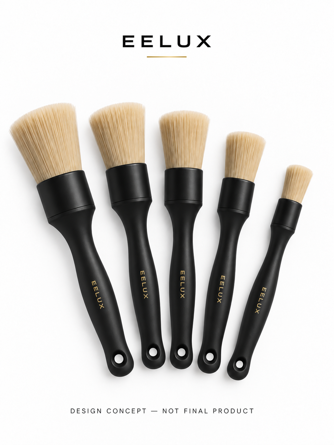 EELUX proposed detailing brush set, fan layout. Design concept, not a final manufactured product.