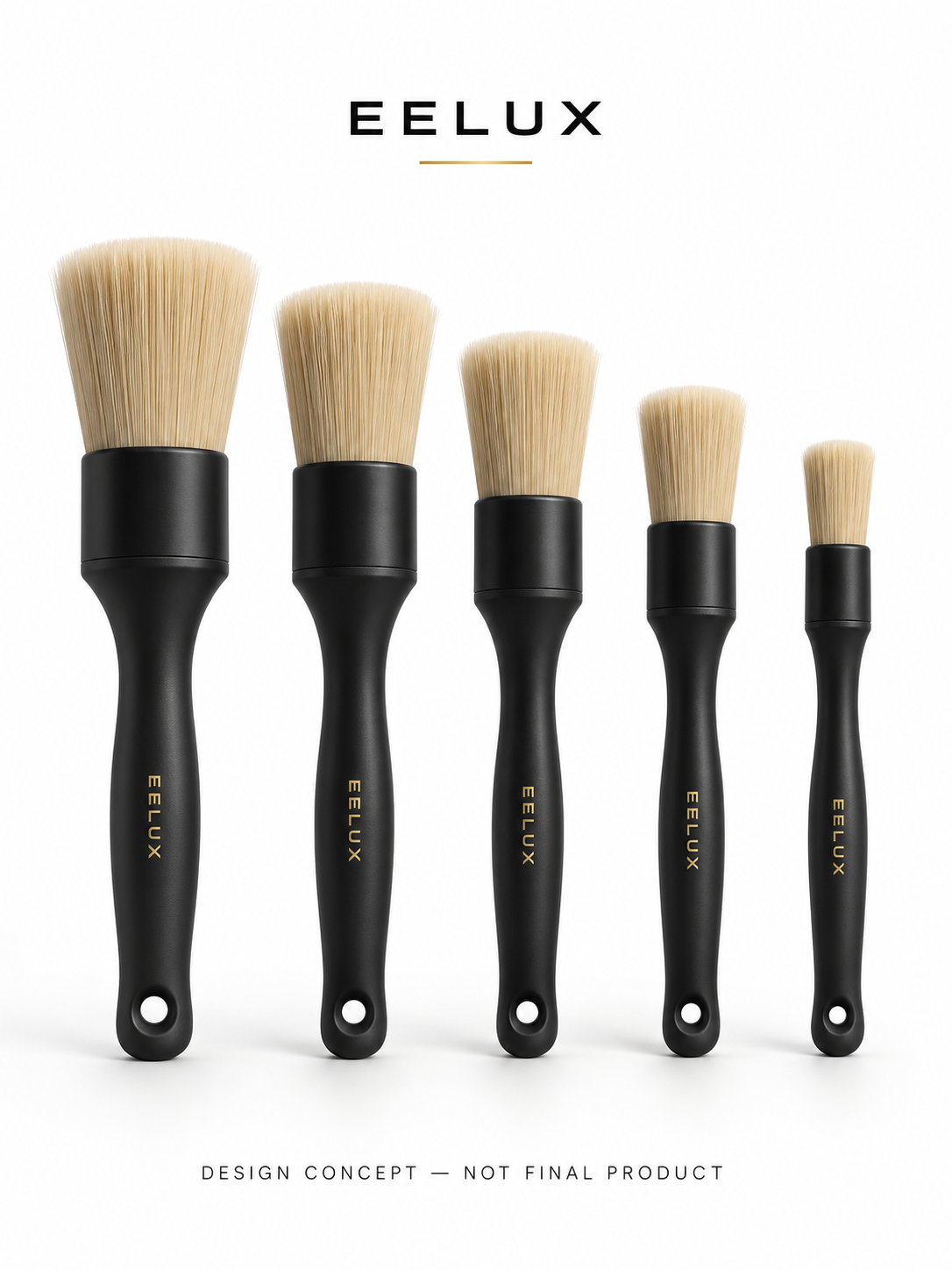 EELUX proposed five-piece detailing brush set, hero view. Design concept, not a final manufactured product.