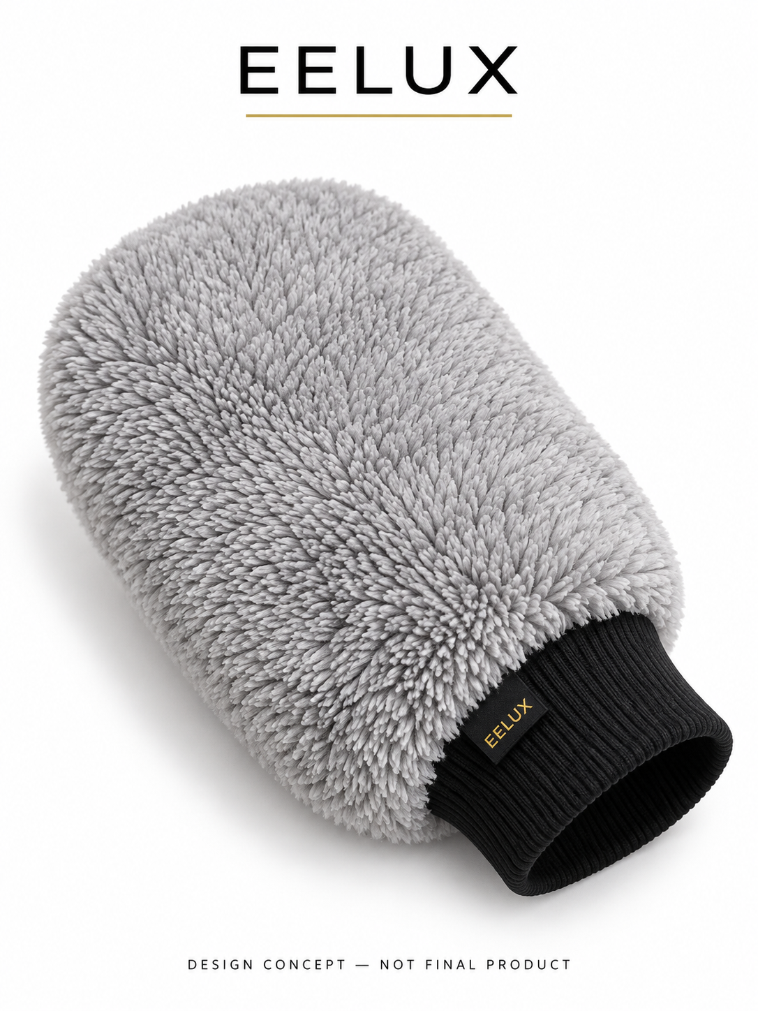 EELUX proposed microfibre wash mitt, hero view. Design concept, not a final manufactured product.