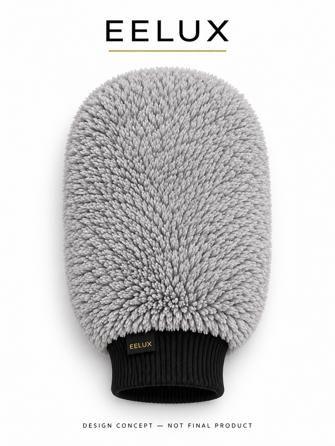 EELUX proposed microfibre wash mitt, overhead view. Design concept, not a final manufactured product.