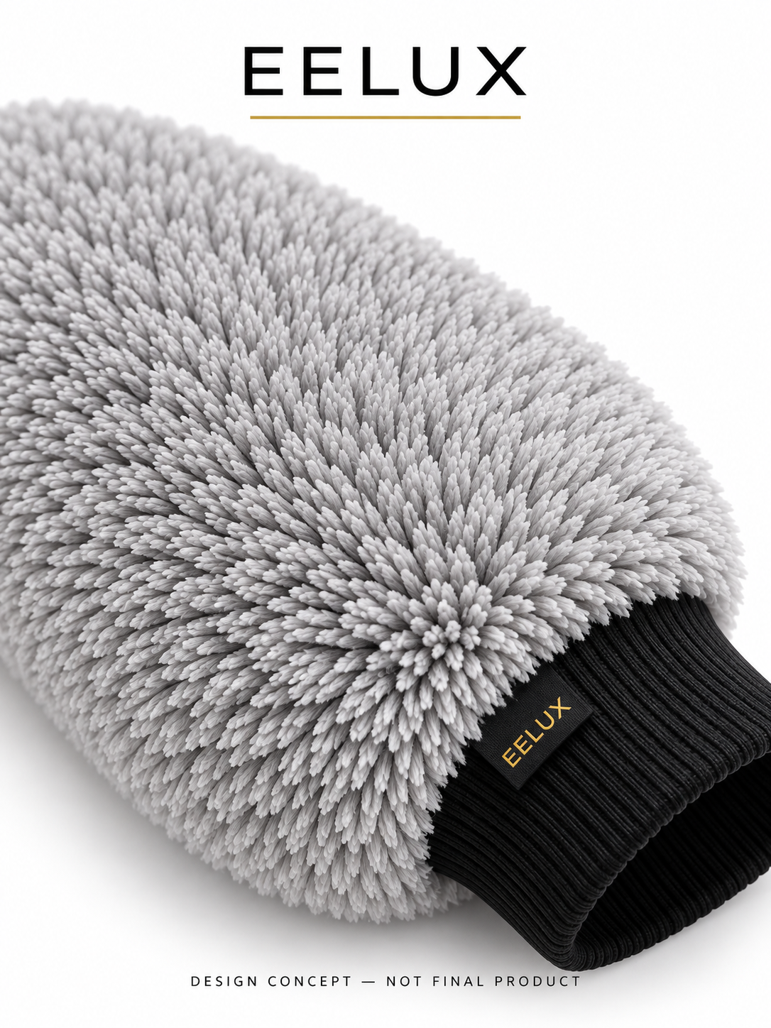 EELUX proposed microfibre wash mitt, fibre close-up. Design concept, not a final manufactured product.