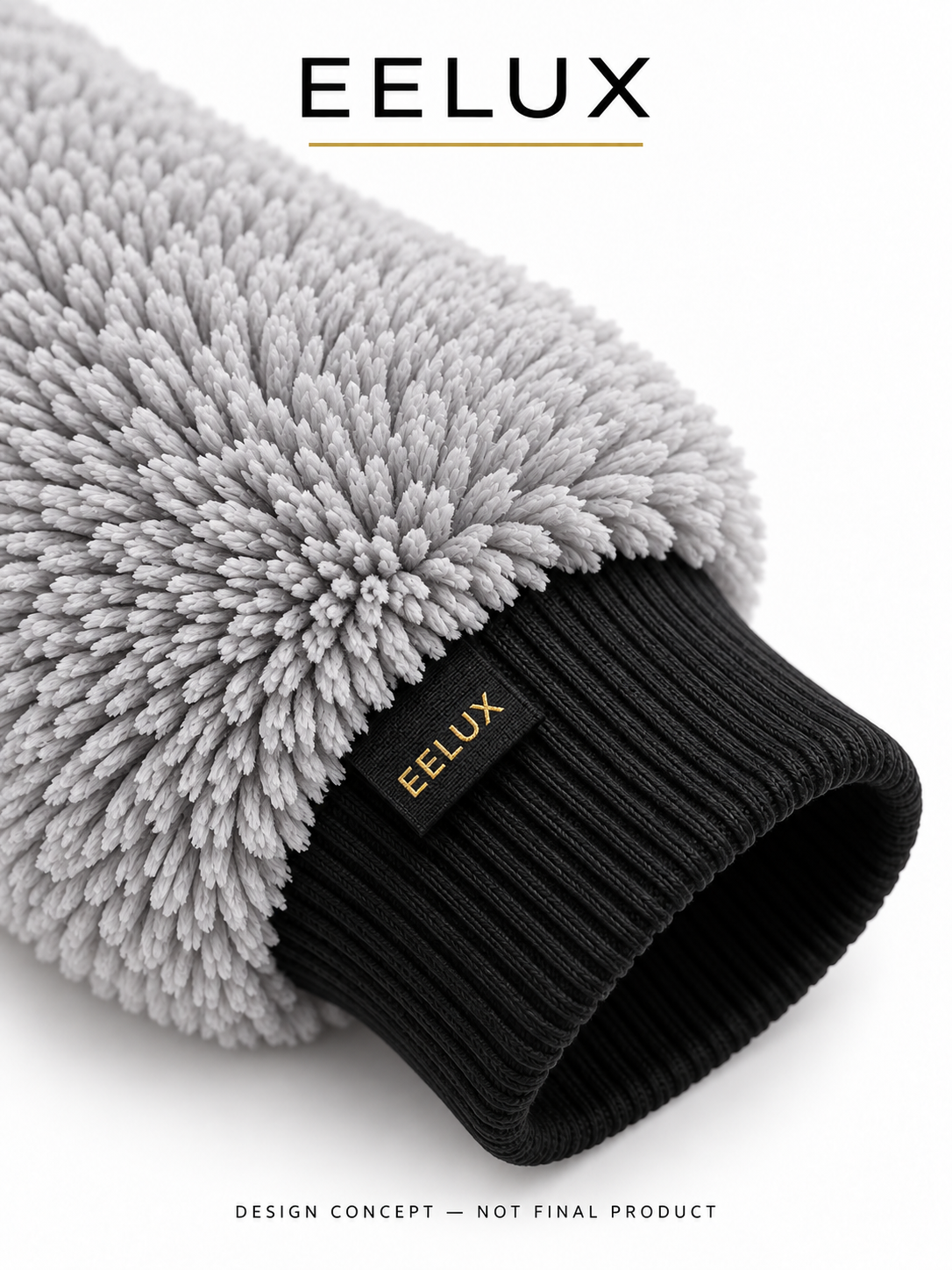 EELUX proposed microfibre wash mitt, cuff close-up. Design concept, not a final manufactured product.
