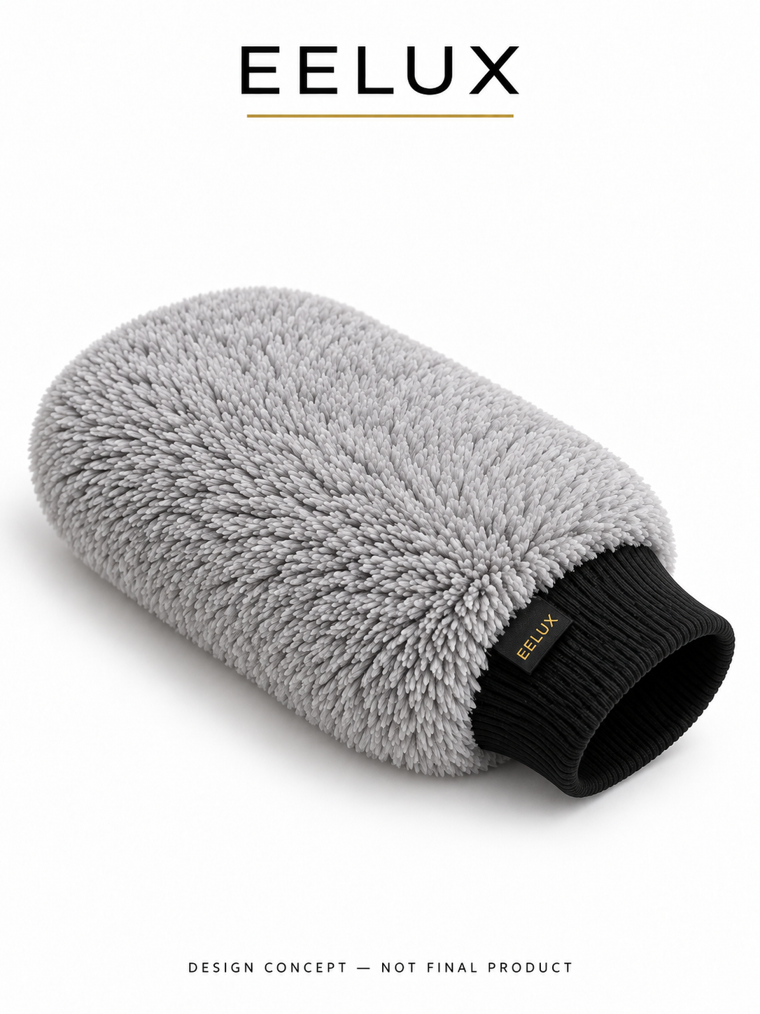 EELUX proposed microfibre wash mitt, side view. Design concept, not a final manufactured product.