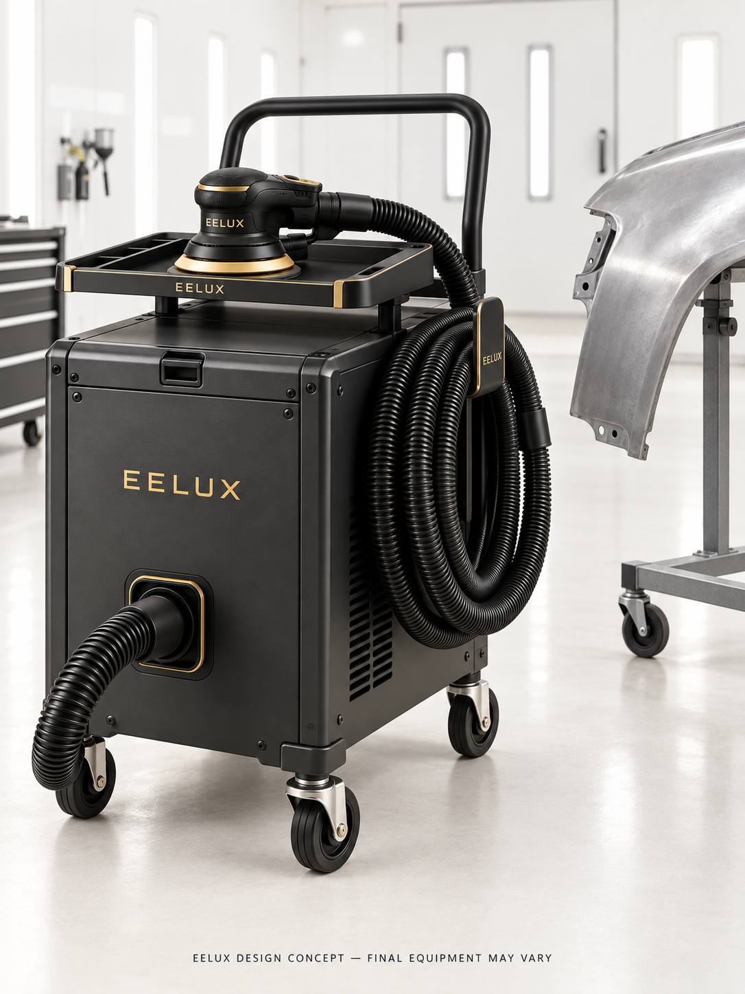 EELUX mobile sanding dust extraction workstation design concept 6. AI-generated rendering; final equipment appearance and specification to be agreed.