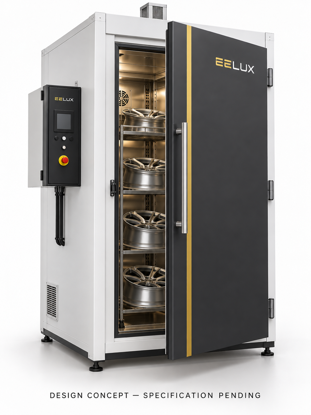 EELUX alloy wheel curing oven design proposal 1. AI-generated concept; final equipment appearance and specification unconfirmed.