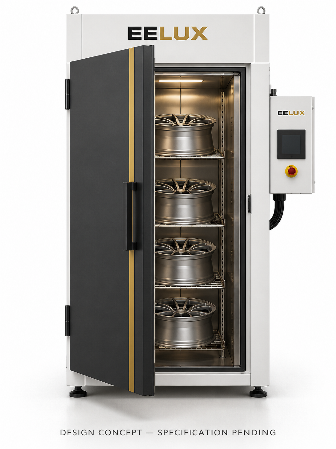 EELUX alloy wheel curing oven design proposal 2. AI-generated concept; final equipment appearance and specification unconfirmed.