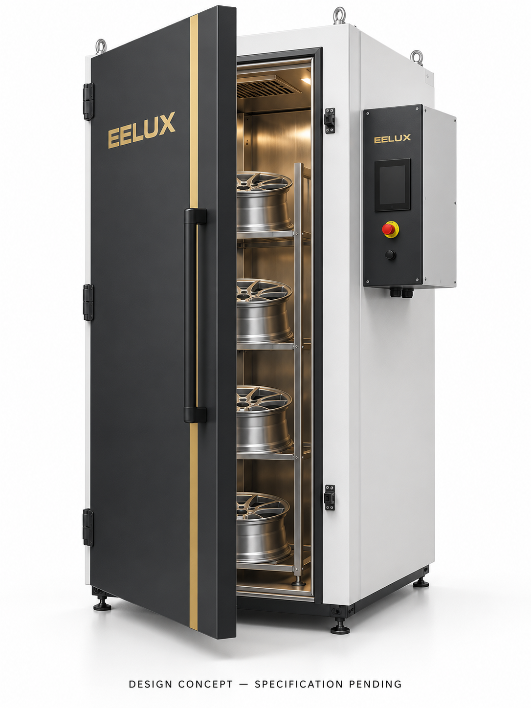 EELUX alloy wheel curing oven design proposal 3. AI-generated concept; final equipment appearance and specification unconfirmed.