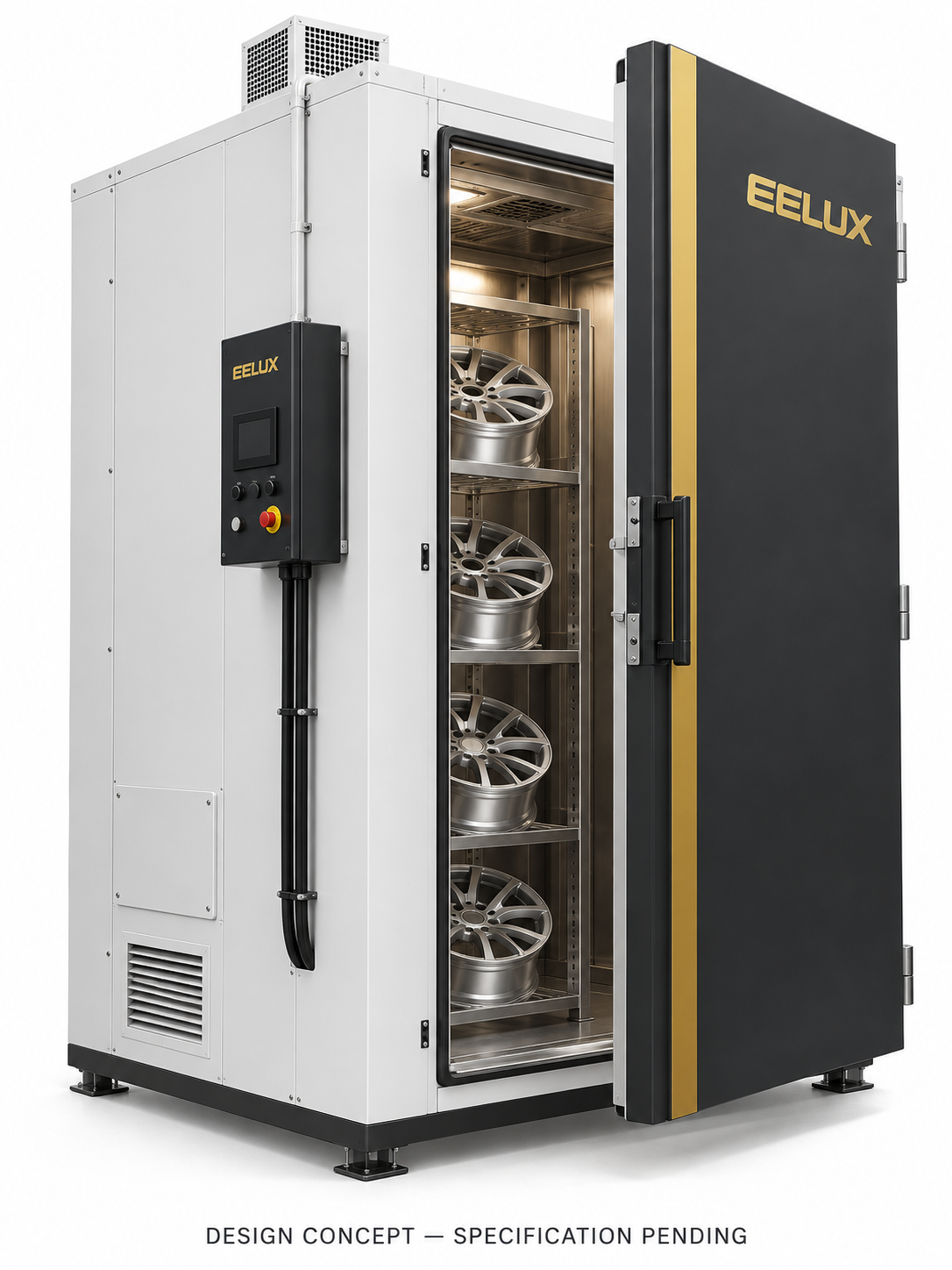 EELUX alloy wheel curing oven design proposal 4. AI-generated concept; final equipment appearance and specification unconfirmed.