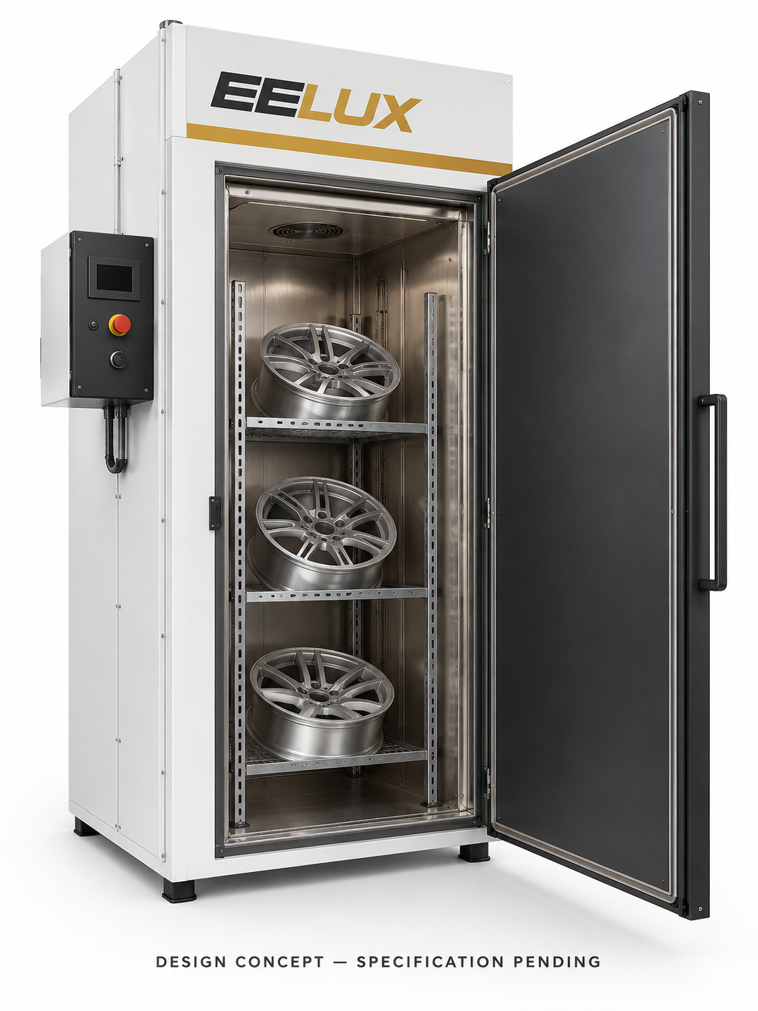 EELUX alloy wheel curing oven design proposal 5. AI-generated concept; final equipment appearance and specification unconfirmed.