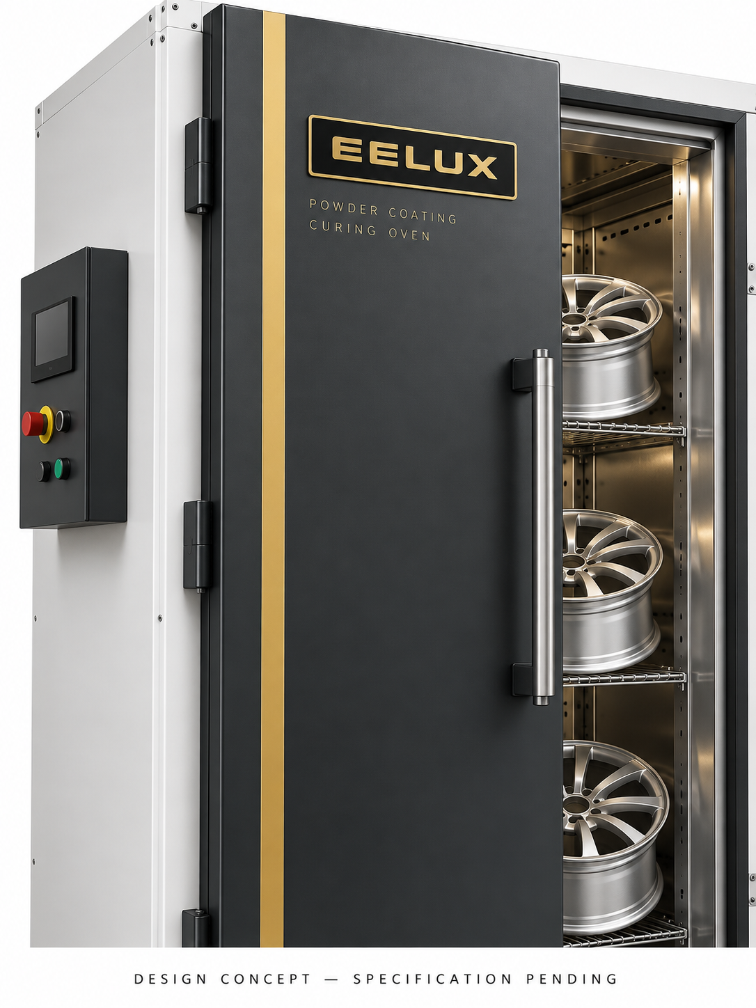 EELUX alloy wheel curing oven design proposal 6. AI-generated concept; final equipment appearance and specification unconfirmed.